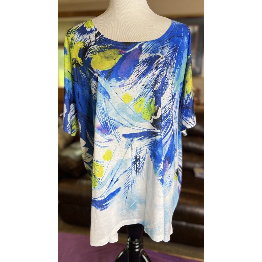 CJ Banks Top Women's Multi Color Short Sleeve Rhinestones Pullover Size 3X NWOT